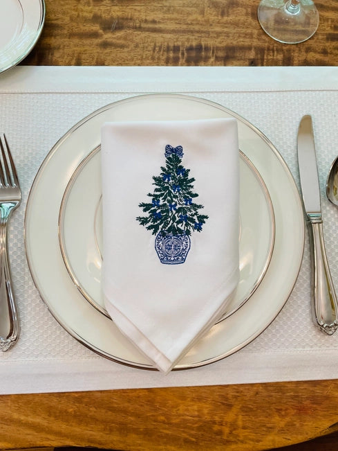Chinoiserie Tree Blue Bows Single Embroidered Napkin