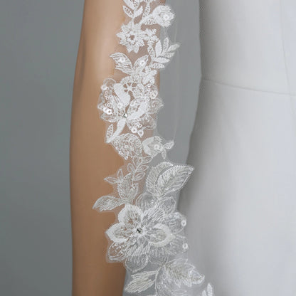 Floral Vine Embroidered Lace Bridal Veil 42" X 60" - Ivory