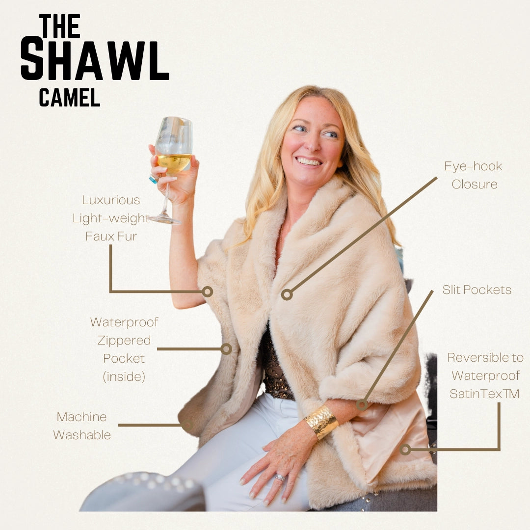 Camel Faux Fur Shawl- Waterproof Satin Lining