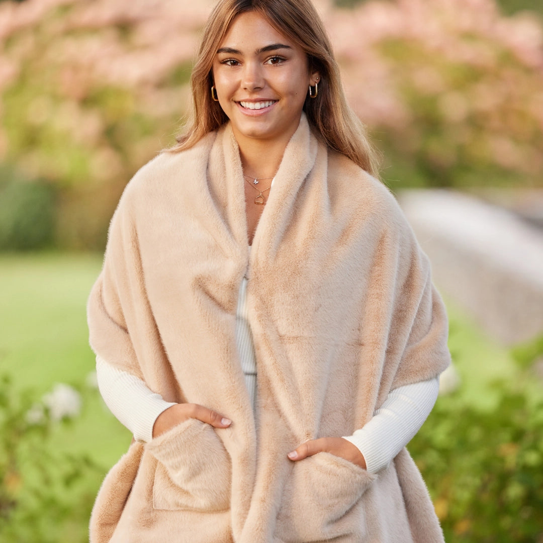 Camel Faux Fur Shawl- Waterproof Satin Lining