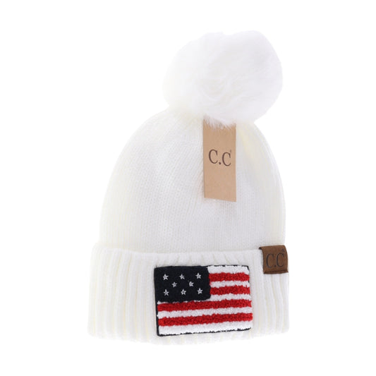 USA Chenille Patch Faux Fur Pom Beanie (White)