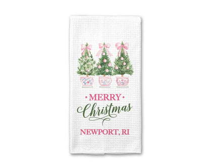 Custom Chinoiserie Pink Christmas Tree Waffle Weave Tea Towel