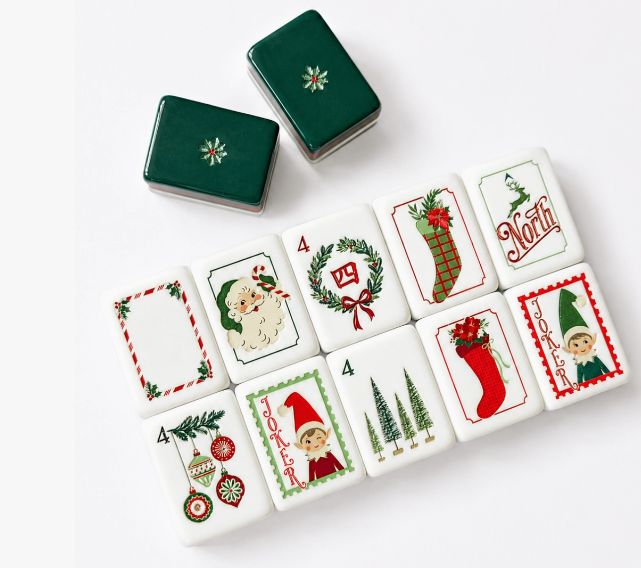 Dear Santa Christmas Mahjong tiles featuring Santa, elves, stockings, wreaths, trees, ornaments and North and South wind designs.