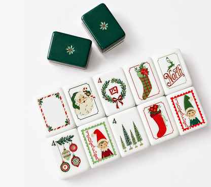 Dear Santa Christmas Mahjong tiles featuring Santa, elves, stockings, wreaths, trees, ornaments and North and South wind designs.