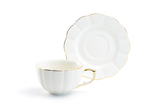 White Gold Scallop 7oz Fine Porcelain Tea Latte Cup & Saucer Set of 4