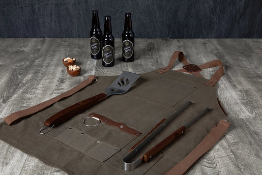 Bbq Apron with Tools & Bottle Opener, Khaki Green with Brow