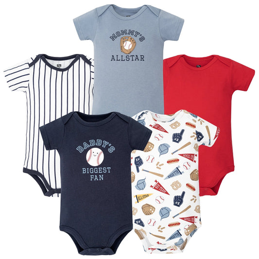 Collection of baby bodysuits with baseball-themed designs on a white background