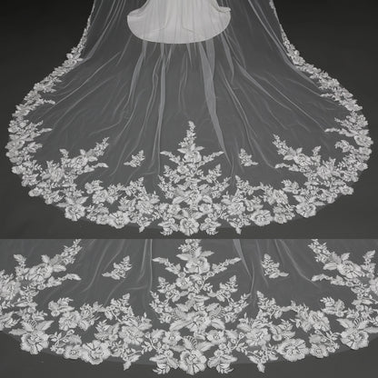 Floral Embroidered Lace Bridal Veil Rhinestones 120" X 90" - Ivory