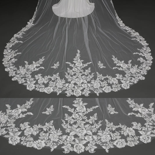 Floral Embroidered Lace Bridal Veil Rhinestones 120" X 90" - Ivory