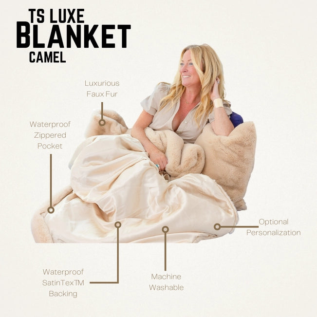 Camel Ts Luxe Faux Fur Blanket- Waterproof Satin Backing