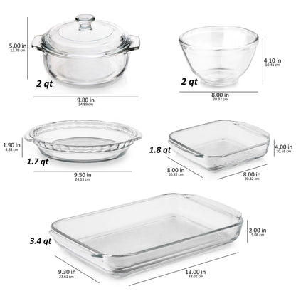 Libbey Baker's Basics 5 Piece Glass Casserole Baking Dish Set with 1 Cover