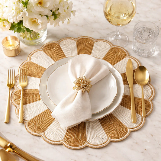 Gold & White Beaded Pinwheel 14" Round Placemat Set of 4