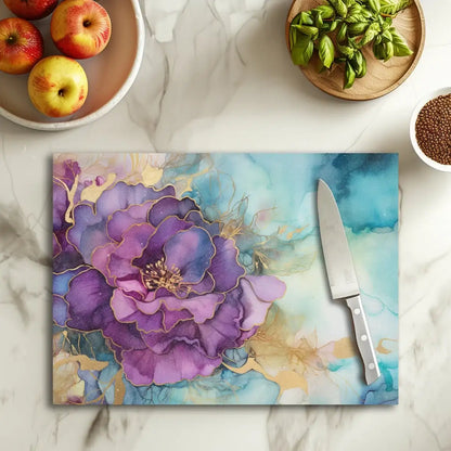 Purple Bloom Tempered Glass Kitchen Cutting & Serving Board