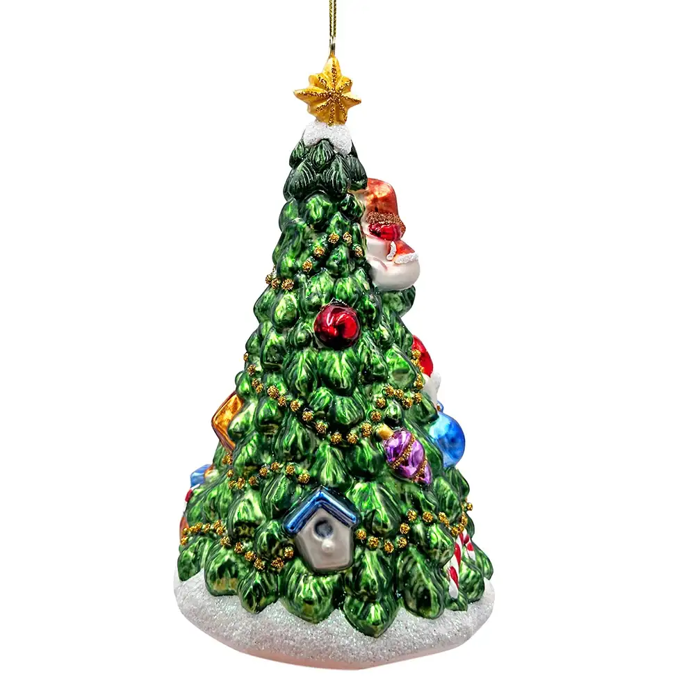 Festive Snowman and Christmas Tree Glass Ornament