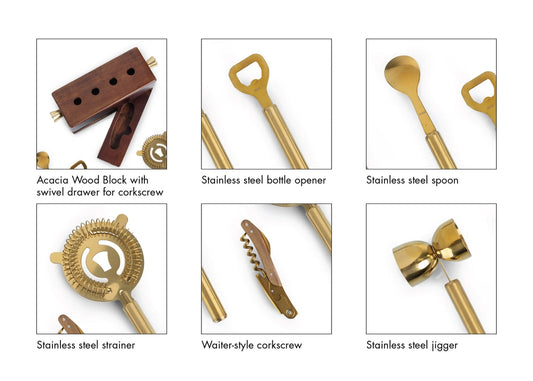 Sidecar 5-Piece Bar Tool Set, Acacia Wood