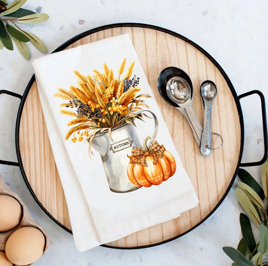 Autumn Wheat Checkered Pumpkins Flour Sack Tea Towel