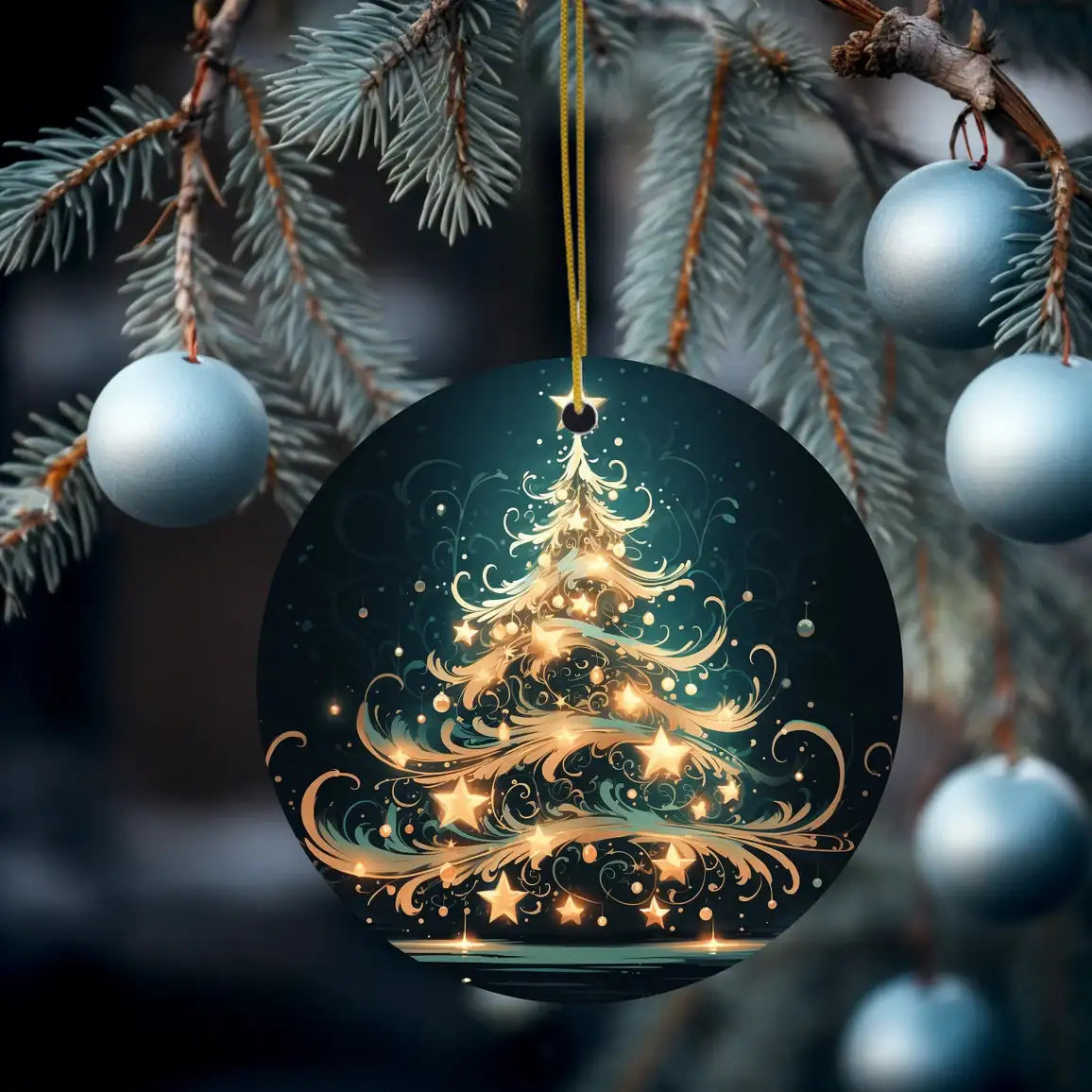 Green & Gold Christmas Ceramic Tree Disc Ornament