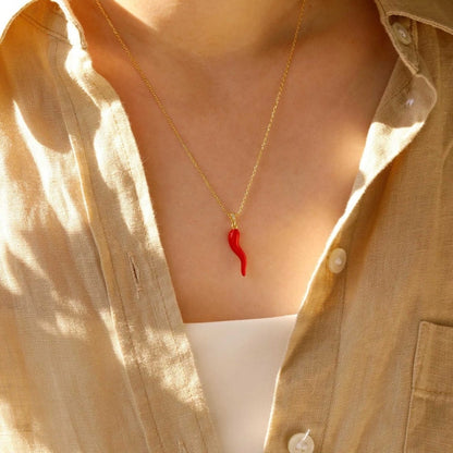 Red Horn Pendant Necklace in Stainless Steel