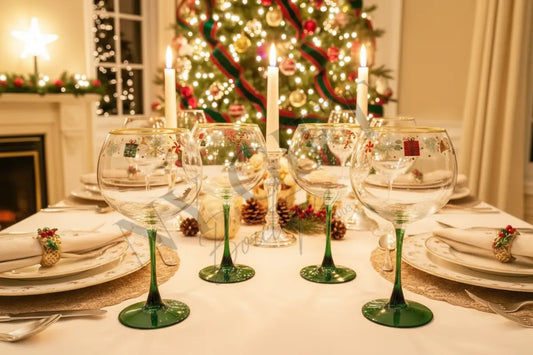 Four decorative wine glasses with green stems on a white surface.