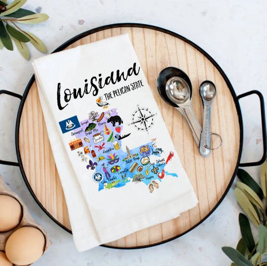 Louisiana State Map Souvenir Cotton Tea Towel