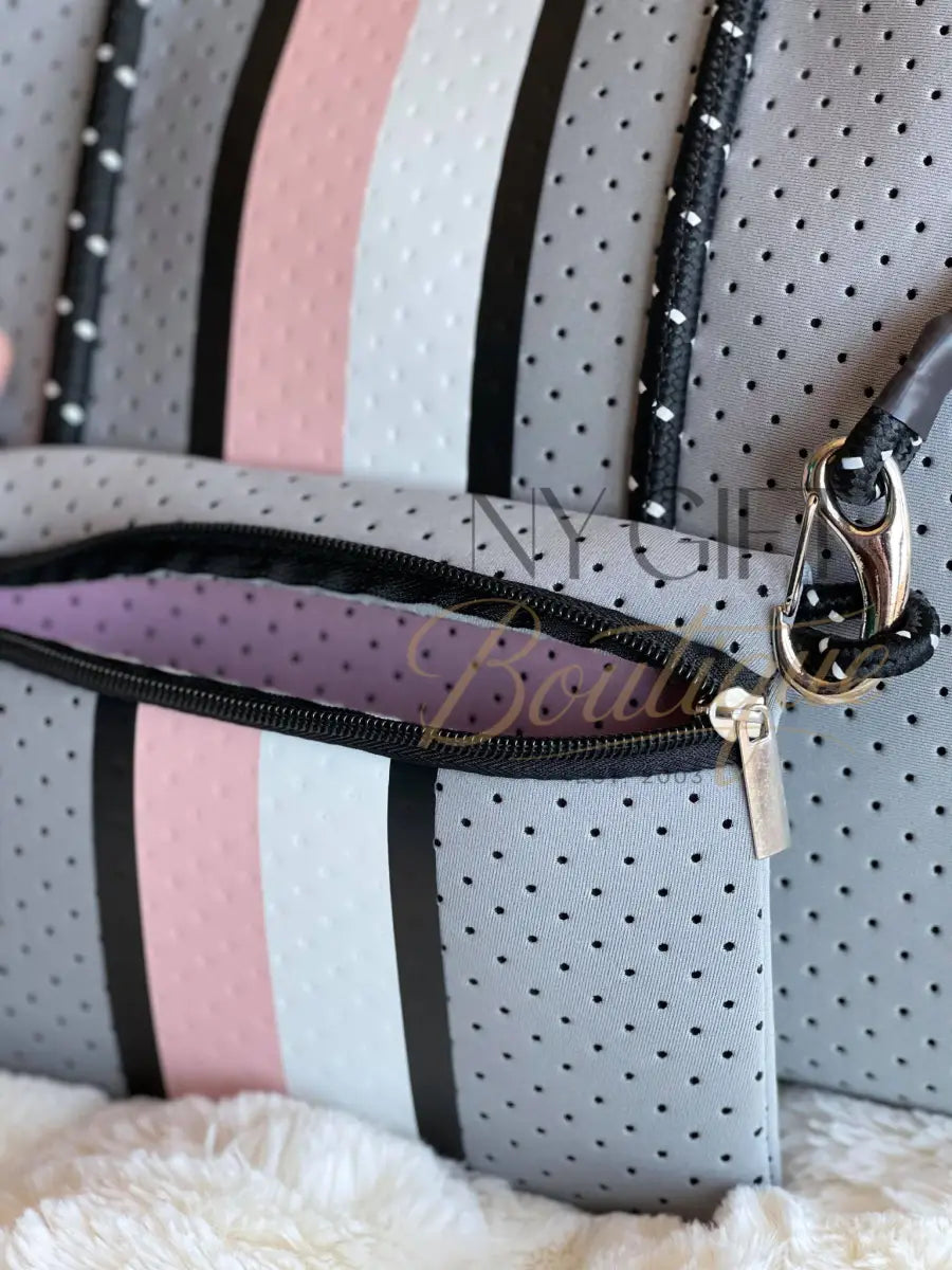 Neoprene Beach Bag - Grey w/ Pink & White Center Stripe Beach Bag