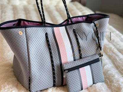 Neoprene Beach Bag - Grey w/ Pink & White Center Stripe Beach Bag