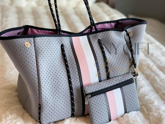 Neoprene Beach Bag - Grey w/ Pink & White Center Stripe Beach Bag