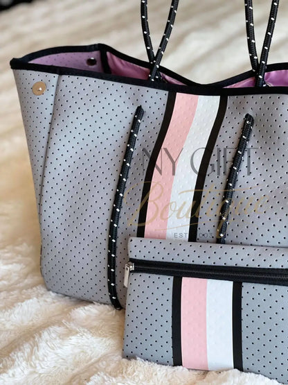 Neoprene Beach Bag - Grey w/ Pink & White Center Stripe Beach Bag