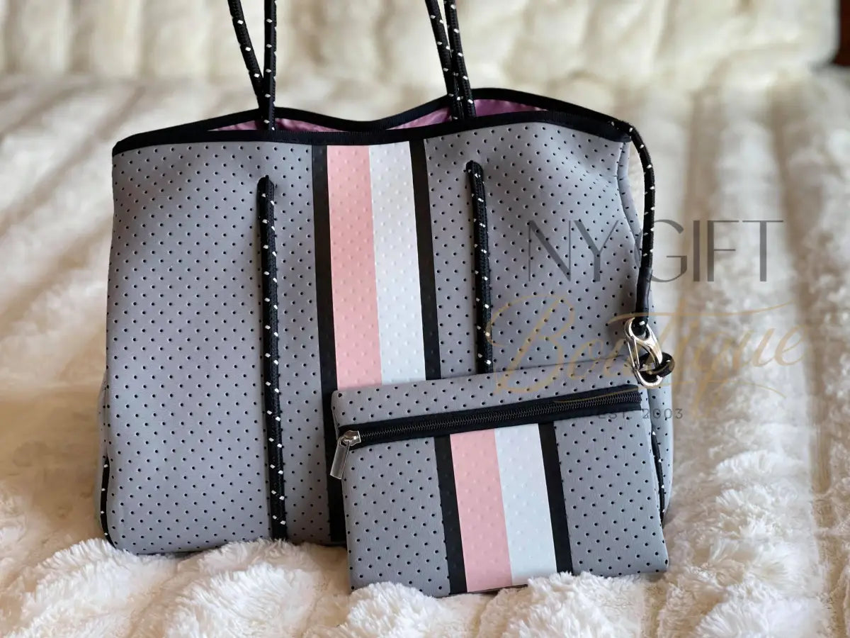 Neoprene Beach Bag - Grey w/ Pink & White Center Stripe Beach Bag