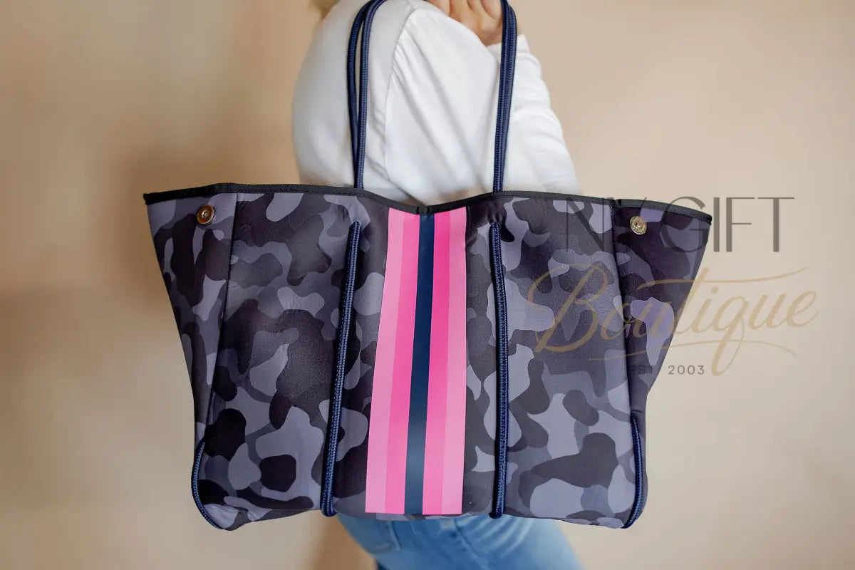 Neoprene Beach Bag - Purple Grey Camo W/Pink Stripe Beach Bag