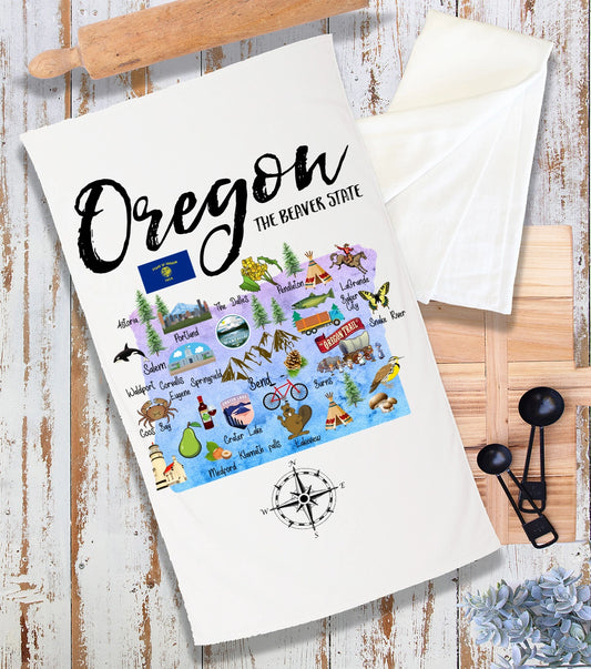 Oregon State Map Souvenir Flour Sack Tea Towel