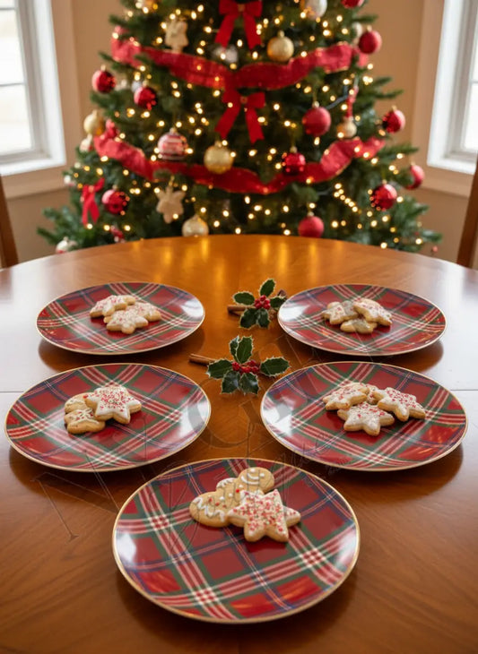 Red Tartan Holiday Accent Plates Set of 4 Wine Glasses