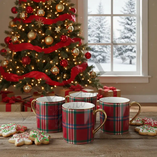 Red Tartan Holiday Mug Set of 4 Mugs