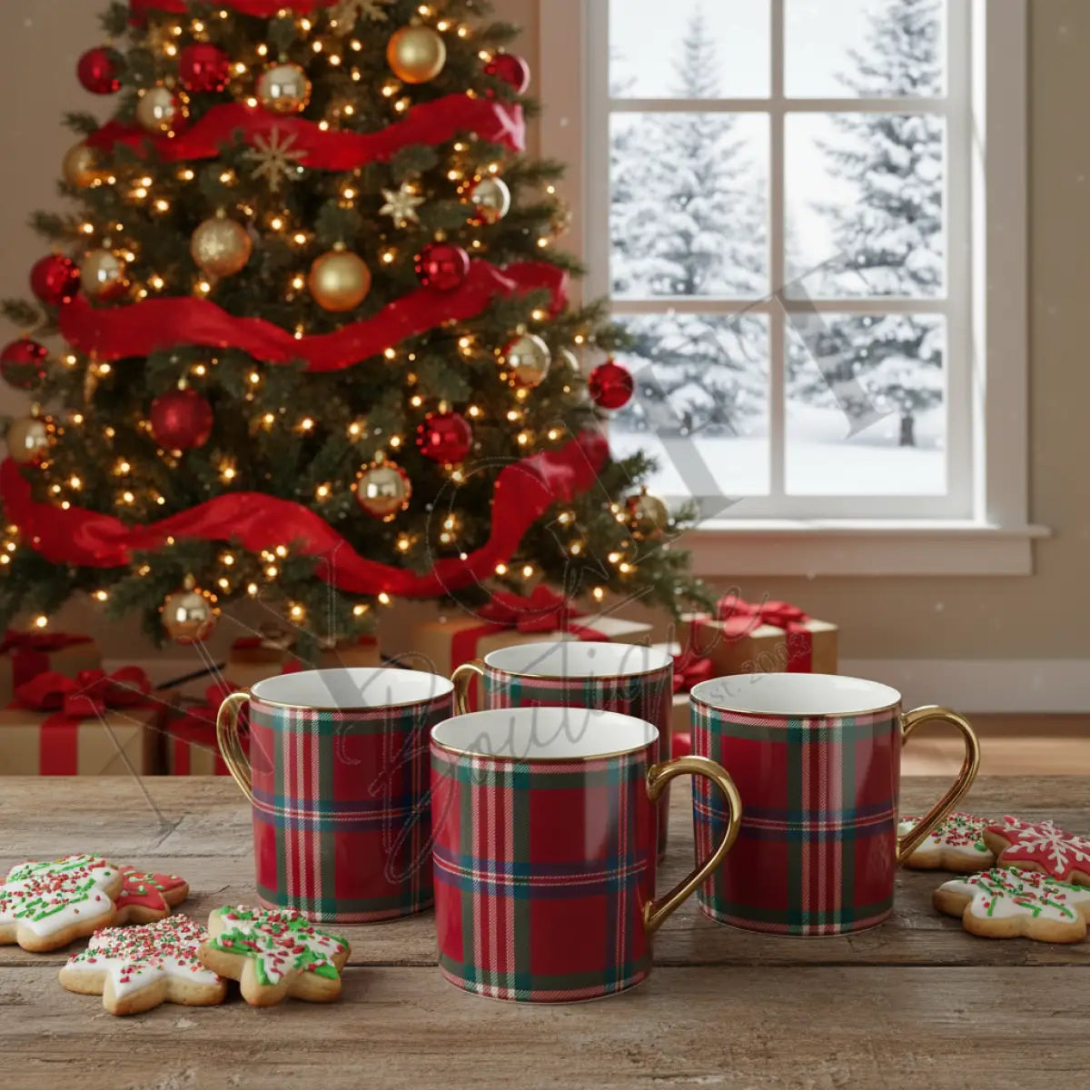 Red Tartan Holiday Mug Set of 4 Mugs