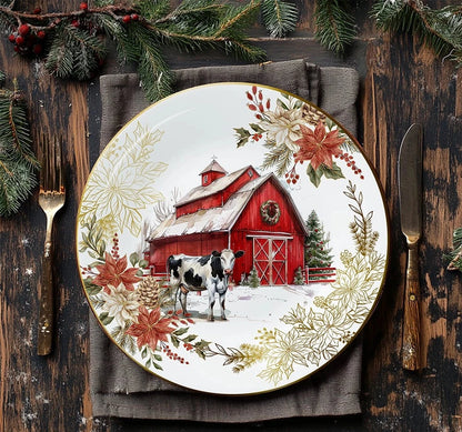 Farmhouse Christmas Set of 4 Plates with Real Gold Elements