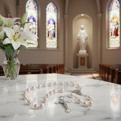 Pearl rosary with silver cross on a white background