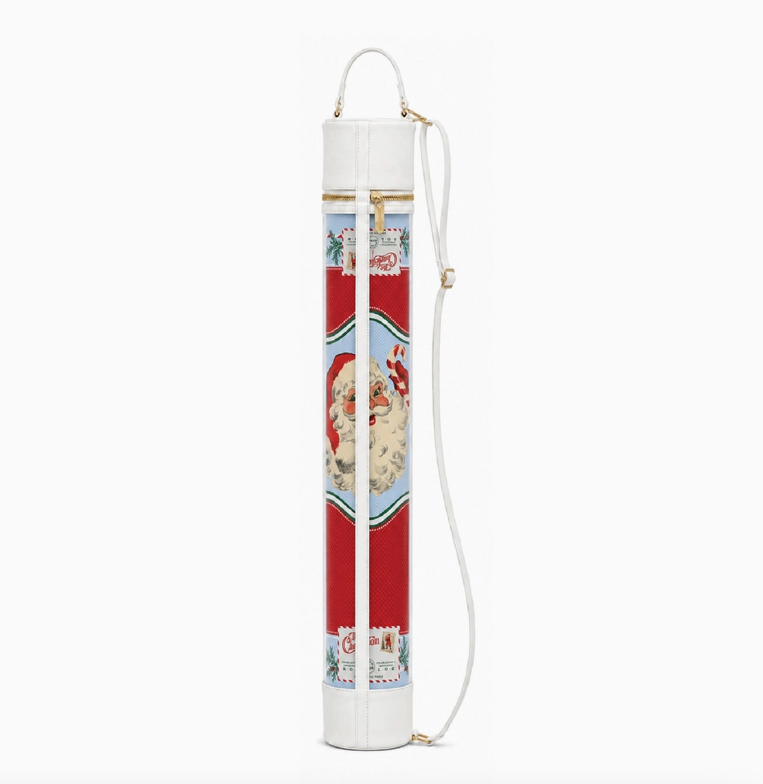 Santa's Mahjong Mail carrying bag featuring vintage Santa artwork with white trim, handle and shoulder strap.