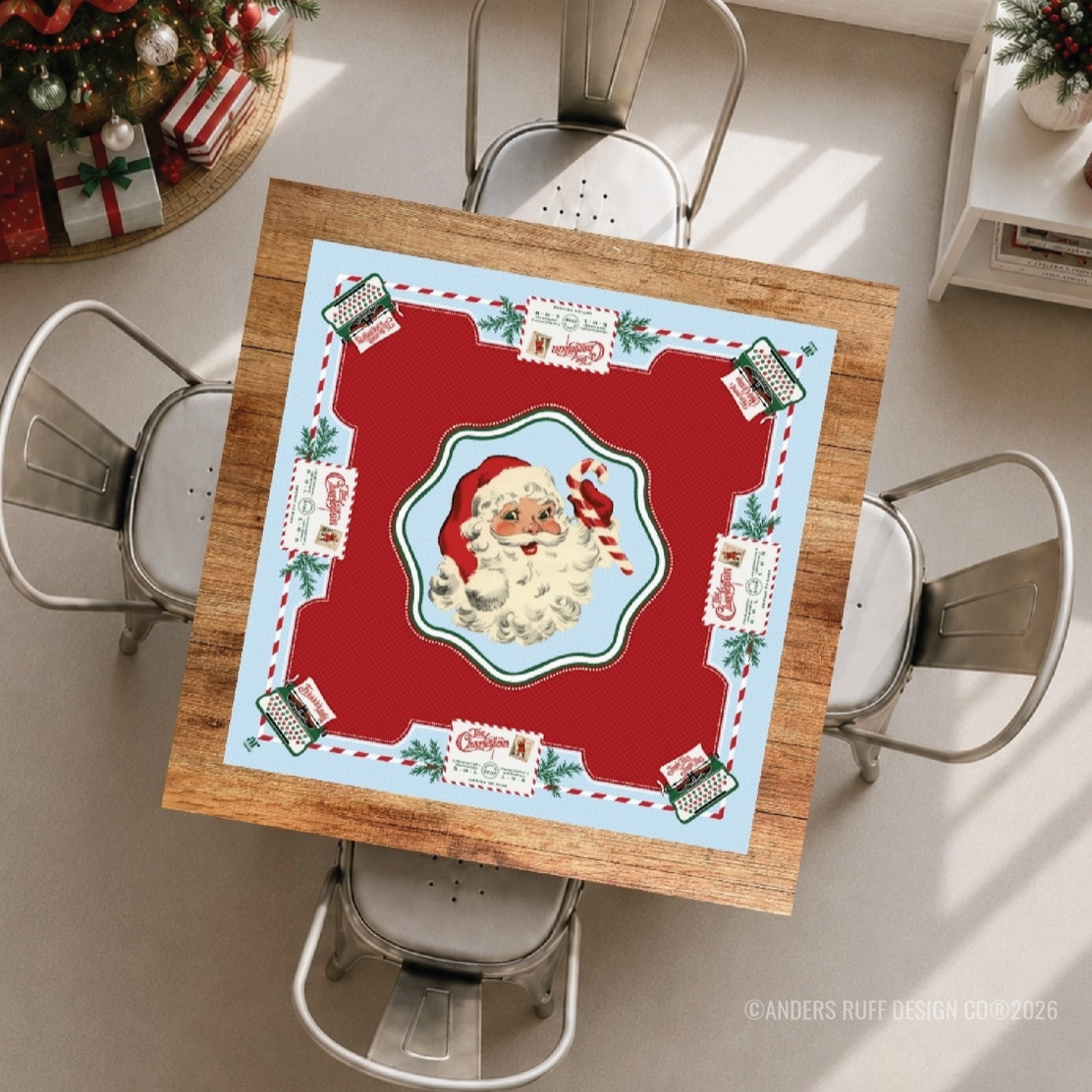 Santa's Mahjong Mail Christmas Mahjong mat displayed on a game table with vintage Santa and holiday postcard design.