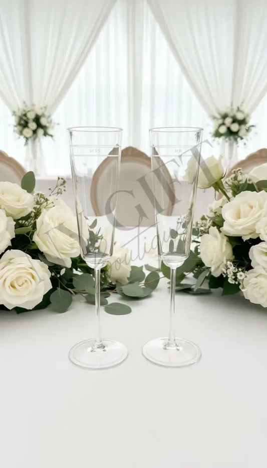 Two champagne flutes with a green box and card featuring 'kate spade' branding on a white background.