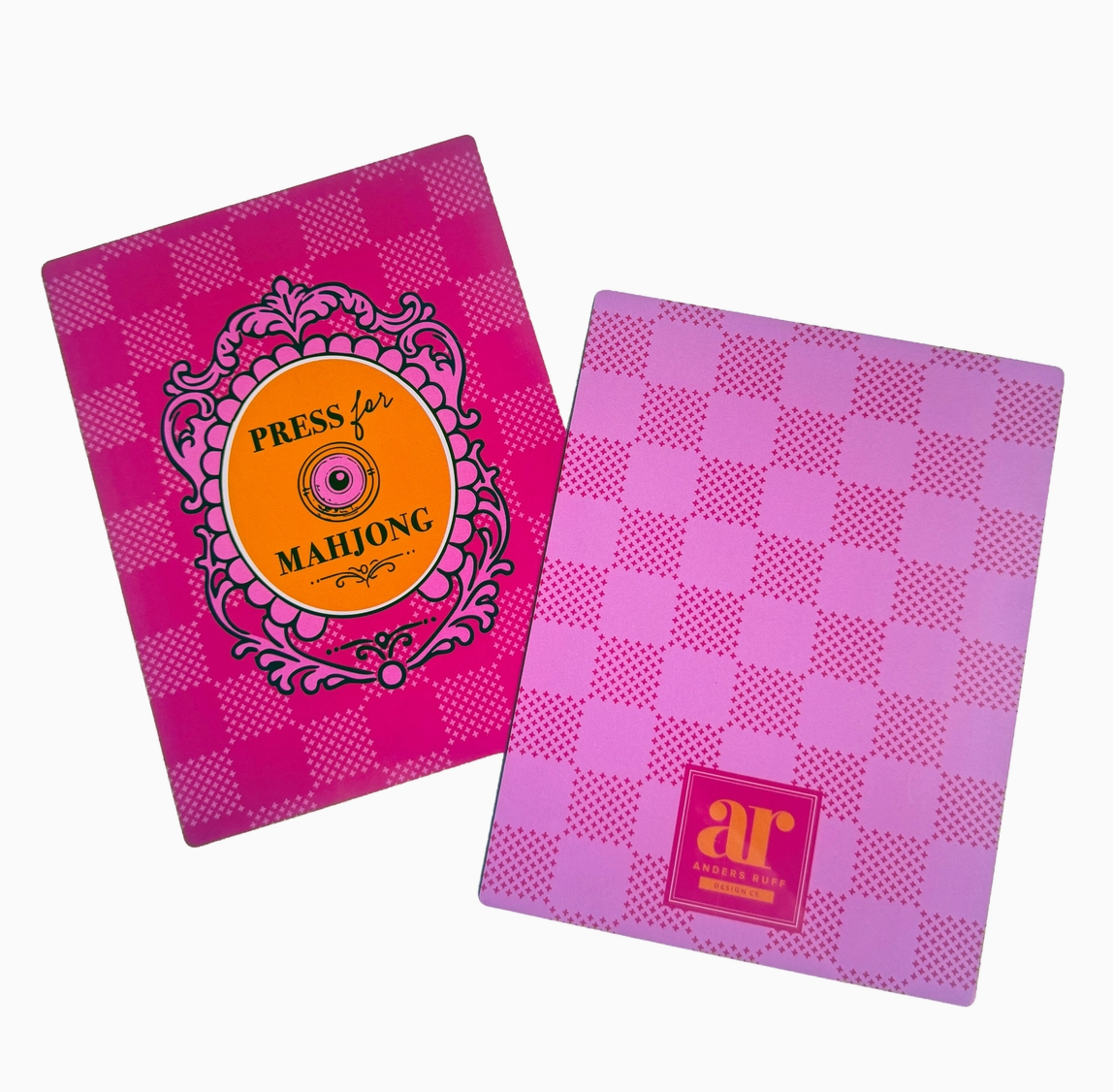 Set of two Sip & Shuffle Mahjong tile shufflers by Anders Ruff featuring colorful champagne bottle and marbled designs.