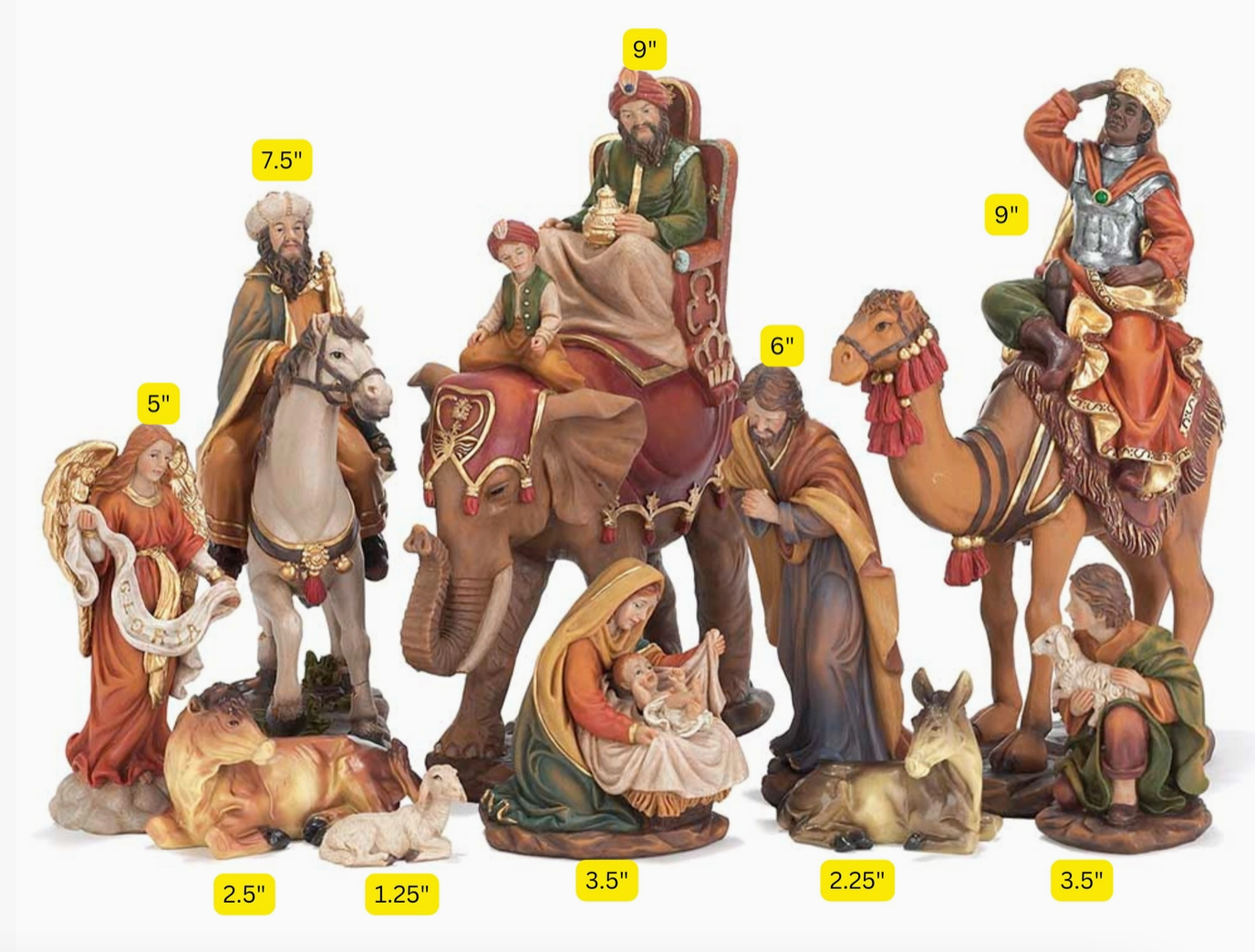 Colorful 10-Piece Nativity Set – Three Wise Men on Horse, Elephant & Camel