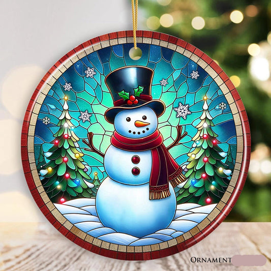 Snowman Window Art Stained Glass Style Ceramic Ornament