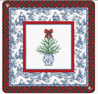 Tartan Toile Noël Mahjong mat by Anders Ruff featuring red tartan plaid, blue-and-white Christmas toile and evergreen topiary with plaid bow.