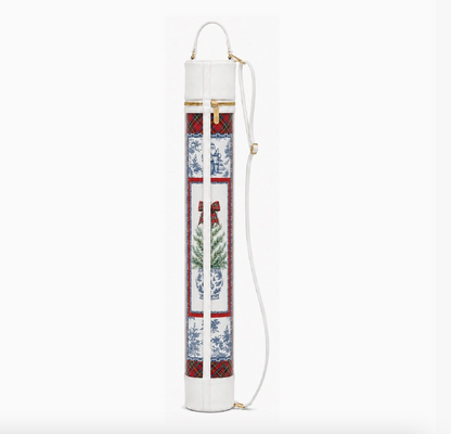 Tartan Toile Noël Christmas Mahjong mat rolled inside coordinating white carry bag with tartan and blue-and-white holiday design.