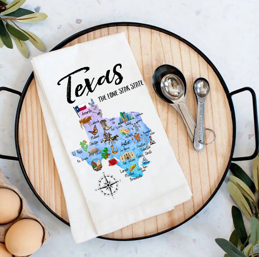 Texas State Map Souvenir Flour Sack Tea Towel