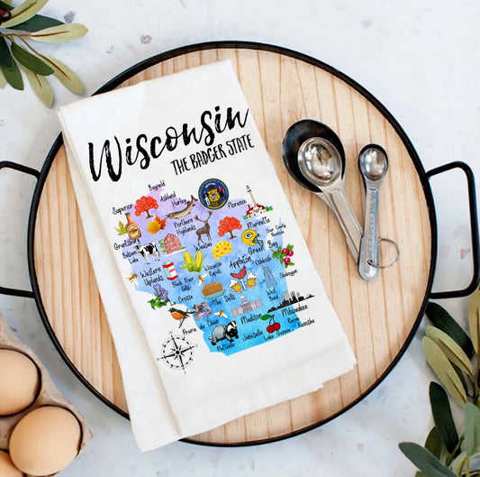 Wisconsin State Map Souvenir Flour Sack Tea Towel