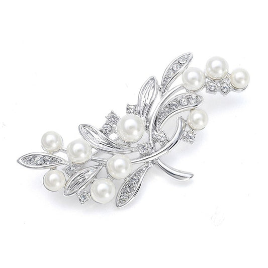 Pearl Bridal Brooch with CZ Leaves