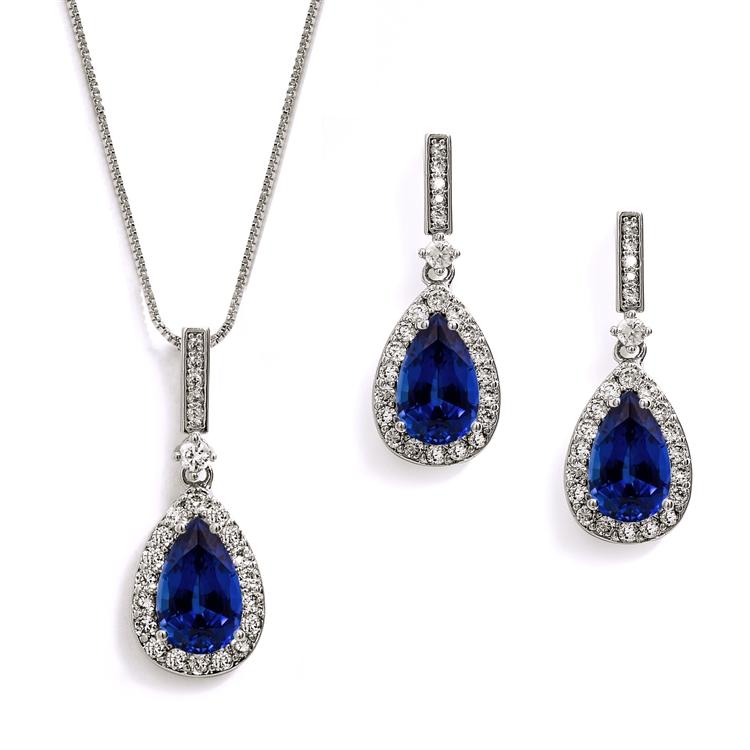 "Something Blue" Sapphire CZ Pear Shaped Necklace and Earrings Set