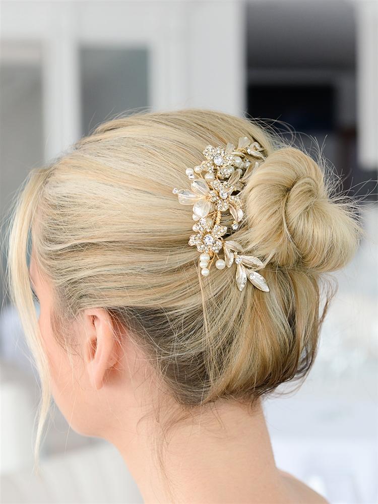 Pave Crystal and Painted Gold Leaves Hair Comb 