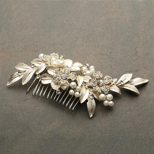 Pave Crystal and Painted Gold Leaves Hair Comb 